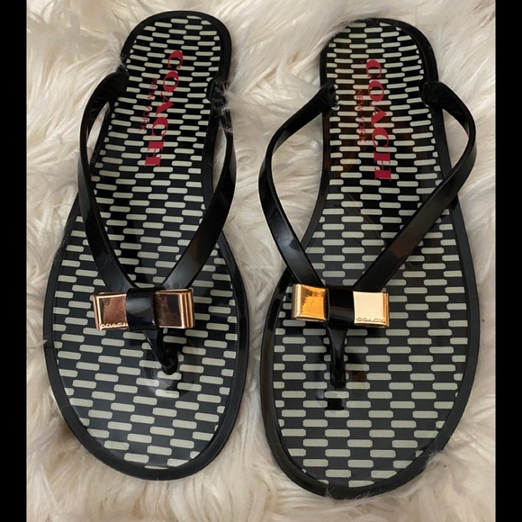Coach Shoes - COACH Landon gold Bow flip flops sandals 8